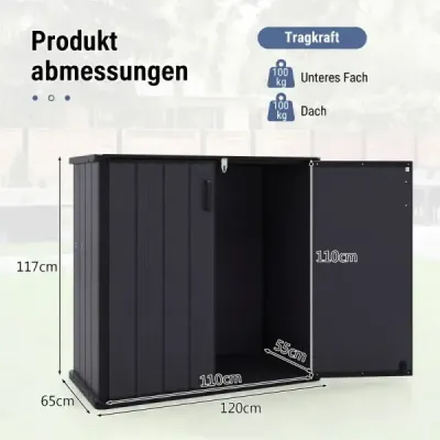 Záhradná skriňa – úložný box odolný voči poveternostným vplyvom s uzamykateľnými dvojitými dverami, 120 x 65 x 117 cm, čierna