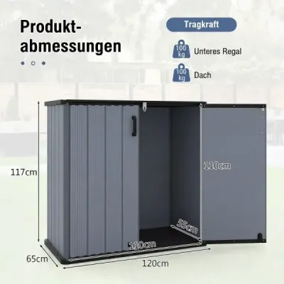 Záhradná skriňa – úložný box odolný voči poveternostným vplyvom s uzamykateľnými dvojitými dverami, 120 x 65 x 117 cm, sivá