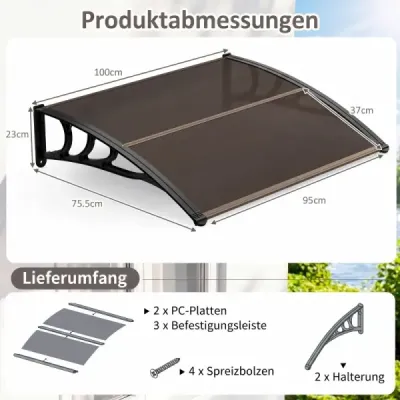 Strecha nad vchodovými dverami 100 x 76 cm – priehľadná strecha s pultovým oblúkom z polykarbonátu a hliníka, hnedá