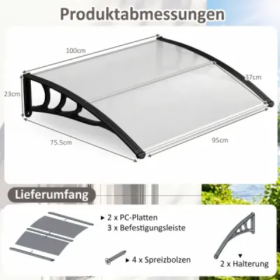 Strecha nad vchodovými dverami 100 x 76 cm Priehľadná strecha s pultovým oblúkom z polykarbonátu a hliníka, čierna