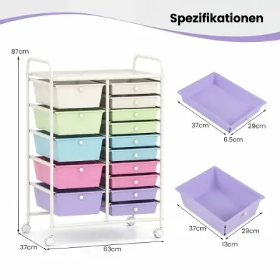Vozík s 15 stohovateľnými zásuvkami – pojazdný kontajner, pomocný vozík, 62,5 x 37 x 87 cm, viacfarebný