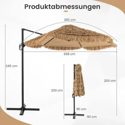 Slnečník Hawaii s priemerom 291 cm, so slamenou strechou z PE, krížovou základňou, kovovou konštrukciou a kľukou