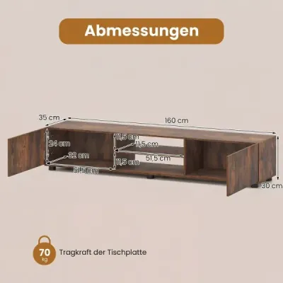 TV skriňa TV komoda pre televízory do 70 palcov TV skriňa s 2 dverami 160 x 35 x 30 cm v rustikálnej hnedej farbe