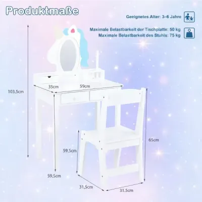 Detský toaletný stolík 2 v 1 s motívom jednorožca, s odnímateľným zrkadlom a 2 farbami osvetlenia, biely