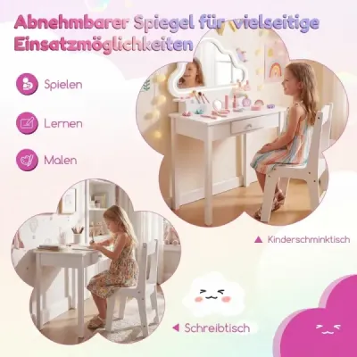 Detský toaletný stolík s osvetlením, zrkadlo s motívom oblakov, 3 háčiky na šperky pre deti vo veku 3–6 rokov, biely