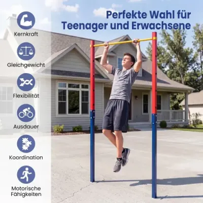 Hrazda na príťahy, výškovo nastaviteľná 80–172 cm, stanica na dipy z pozinkovanej ocele, nosnosť do 110 kg, červená