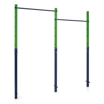 Dvojitá hrazda na príťahy a preťahy, výškovo nastaviteľná 80–172 cm, stanica na dipy z pozinkovanej ocele, nosnosť do 220 kg, modrá