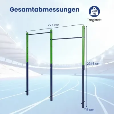 Dvojitá hrazda na príťahy a preťahy, výškovo nastaviteľná 80–172 cm, stanica na dipy z pozinkovanej ocele, nosnosť do 220 kg, modrá