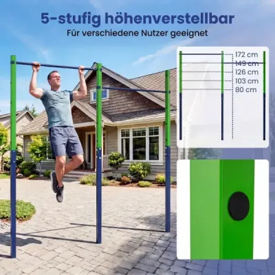 Dvojitá hrazda na príťahy a preťahy, výškovo nastaviteľná 80–172 cm, stanica na dipy z pozinkovanej ocele, nosnosť do 220 kg, modrá