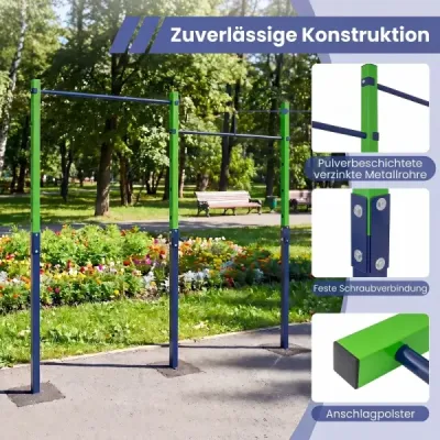 Dvojitá hrazda na príťahy a preťahy, výškovo nastaviteľná 80–172 cm, stanica na dipy z pozinkovanej ocele, nosnosť do 220 kg, modrá