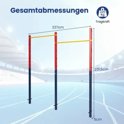 Dvojitá hrazda na príťahy, výškovo nastaviteľná v rozmedzí 80–172 cm, z ocele, nosnosť do 220 kg, červená