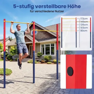 Dvojitá hrazda na príťahy, výškovo nastaviteľná v rozmedzí 80–172 cm, z ocele, nosnosť do 220 kg, červená