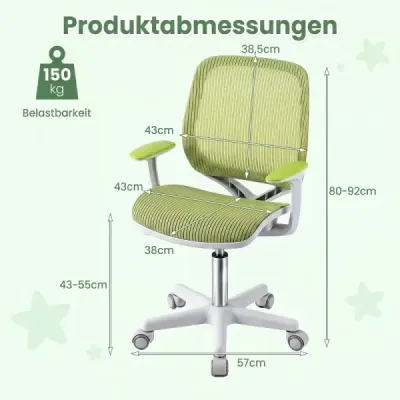 Detská otočná stolička s nastaviteľnou výškou a aretáciou sedadla – ergonomická stolička k písacímu stolu, kancelárska stolička, zelená