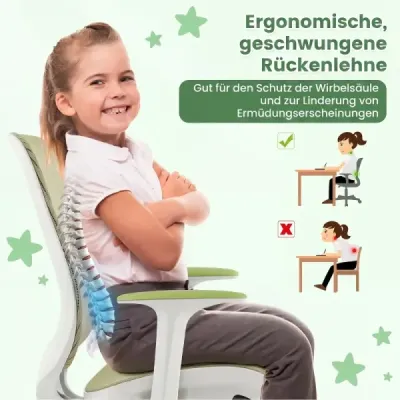 Detská otočná stolička s nastaviteľnou výškou a aretáciou sedadla – ergonomická stolička k písacímu stolu, kancelárska stolička, zelená