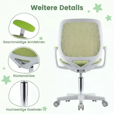 Detská otočná stolička s nastaviteľnou výškou a aretáciou sedadla – ergonomická stolička k písacímu stolu, kancelárska stolička, zelená