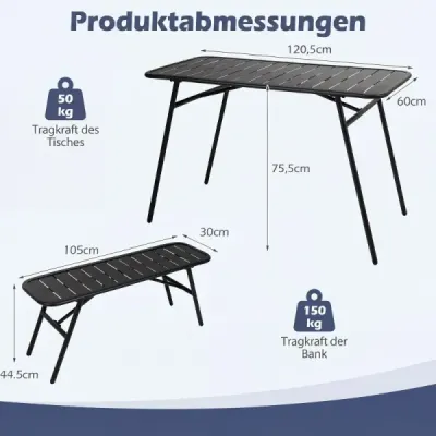 3-dielna sada záhradného nábytku z kovu – balkónový nábytok so stolom a 2 lavicami, nosnosť až 150 kg