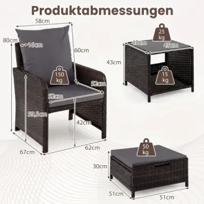 5-dielna sada záhradného nábytku z polyrotangu na balkón, obsahujúca 2 kreslá, 2 taburety a sklenený stôl, sivá