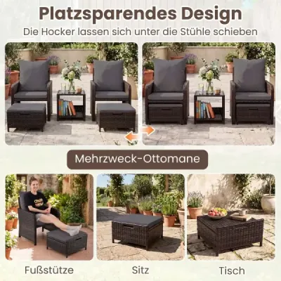 5-dielna sada záhradného nábytku z polyrotangu na balkón, obsahujúca 2 kreslá, 2 taburety a sklenený stôl, sivá
