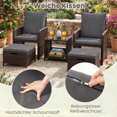 5-dielna sada záhradného nábytku z polyrotangu na balkón, obsahujúca 2 kreslá, 2 taburety a sklenený stôl, sivá