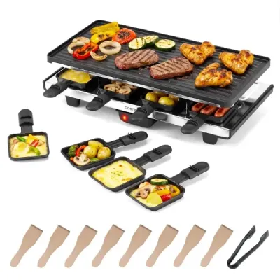 Raclette pre 8 osôb – elektrický gril s otočnou nepriľnavou grilovacou platňou 2 v 1, 1400 W