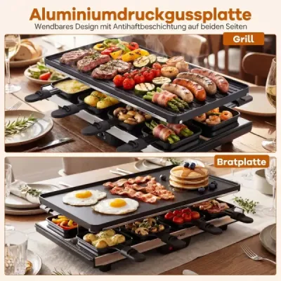 Raclette pre 8 osôb – elektrický gril s otočnou nepriľnavou grilovacou platňou 2 v 1, 1400 W