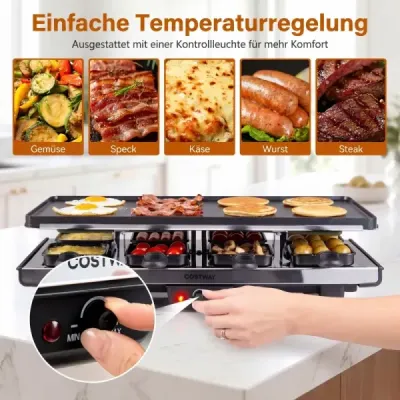Raclette pre 8 osôb – elektrický gril s otočnou nepriľnavou grilovacou platňou 2 v 1, 1400 W