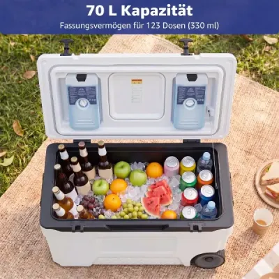 Chladiaca taška 70 l Veľká plastová chladiaca taška s kolieskami a rukoväťou Izolačná taška s odtokovou zátkou Biela