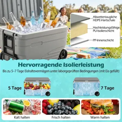 Prenosná chladiaca taška na kolieskach – odolná voči poveternostným vplyvom, so sklopnou rukoväťou a 2 ľahko sa pohybujúcimi kolieskami, sivá, 98 l