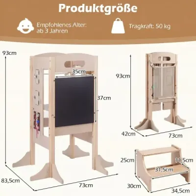 Skladateľná vzdelávacia veža 3 v 1 – Montessori vzdelávacia stolička s kriedovou tabuľou, ochranou proti prevráteniu a odnímateľnou bezpečnostnou sieťou