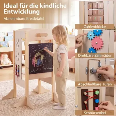 Skladateľná vzdelávacia veža 3 v 1 – Montessori vzdelávacia stolička s kriedovou tabuľou, ochranou proti prevráteniu a odnímateľnou bezpečnostnou sieťou