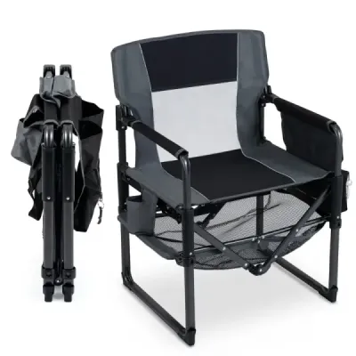Skladacie kempingové kreslo s opierkou na nohy, sieťovanou odkladacou plochou, držiakom na nápoje a otváračom fliaš, nosnosť až 150 kg, čierne