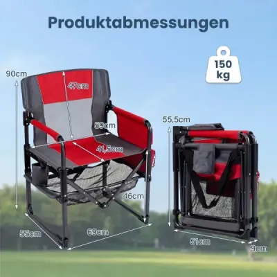Skladacie kempingové kreslo s opierkou na nohy, sieťovanou odkladacou plochou, držiakom na nápoje a otváračom fliaš, nosnosť až 150 kg, červené