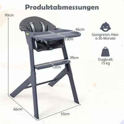Detská stolička 3 v 1 s nastaviteľným podnosom a opierkou na nohy, nosnosť do 15 kg, sivá