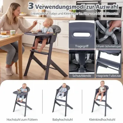 Detská stolička 3 v 1 s nastaviteľným podnosom a opierkou na nohy, nosnosť do 15 kg, sivá