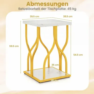 Štvorcový pomocný stolík s 2 úrovňami a doskou v mramorovom vzhľade, rozmery 39,5 x 39,5 x 59,5 cm