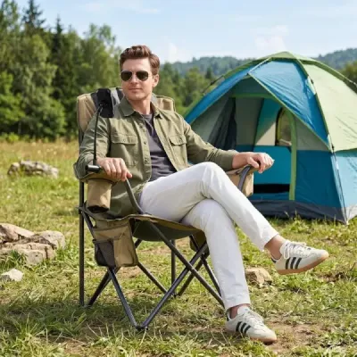 Skladacie kempingové kreslo – prenosné rybárske kreslo s chladiacou taškou, držiakom na nápoje a bočnou taškou, nosnosť až 200 kg