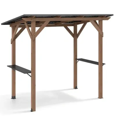 Grilový altánok – drevená strecha nad grilom s 2 bočnými policami a šikmou plechovou strechou, rozmery 263 x 151 x 223 cm