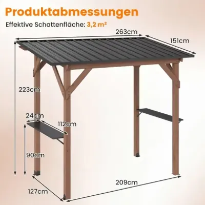 Grilový altánok – drevená strecha nad grilom s 2 bočnými policami a šikmou plechovou strechou, rozmery 263 x 151 x 223 cm