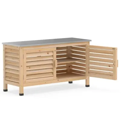 Záhradná skriňa z jedľového dreva, skriňa na náradie s 2 lamelovými dverami a pracovnou doskou z nehrdzavejúcej ocele, 109 x 40,5 x 61,5 cm