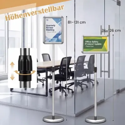 Informačný stojan A4 81–131 cm Výškovo nastaviteľný držiak na jedálny lístok Otočný stojan na plagáty s plniteľnou základňou Strieborný