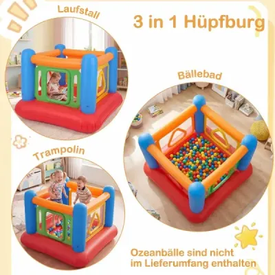 Nafukovací skákací hrad 3 v 1, hrací hrad, ihrisko s loptičkami a ohrádka, trampolína so 4 dverami, 160 x 160 x 125 cm, modrý