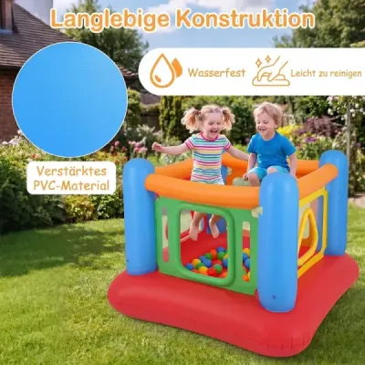 Nafukovací skákací hrad 3 v 1, hrací hrad, ihrisko s loptičkami a ohrádka, trampolína so 4 dverami, 160 x 160 x 125 cm, modrý