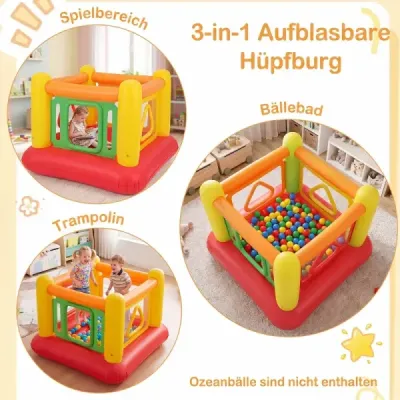 Nafukovací skákací hrad 3 v 1, hrací hrad, ihrisko s loptičkami a ohrádka, trampolína so 4 dverami, 160 x 160 x 125 cm, červený
