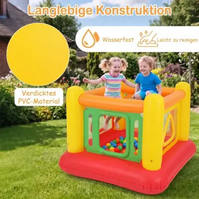 Nafukovací skákací hrad 3 v 1, hrací hrad, ihrisko s loptičkami a ohrádka, trampolína so 4 dverami, 160 x 160 x 125 cm, červený