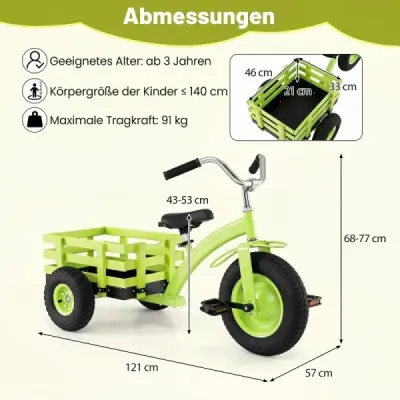 Detský trojkolkový bicykel, nosnosť do 91 kg, s nastaviteľným sedadlom a riadidlami, pre deti od 3 rokov, zelený