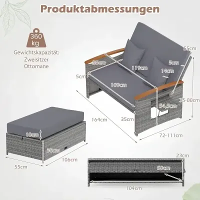 Záhradná ratanová lavička na vonkajšie použitie, 2-miestny balkónový nábytok a taburetka s úložným priestorom, sivá