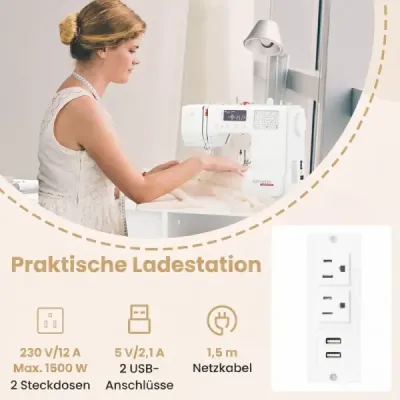 Šijací stôl na kolieskach, skladacia skrinka na šijací stroj s nabíjacou stanicou, 2 zásuvky, biely