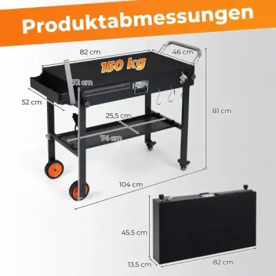 Skladací grilovací vozík 82 x 46 cm Prenosný grilovací stôl s kolieskami, pracovnou plochou a tepelnou ochrannou podložkou