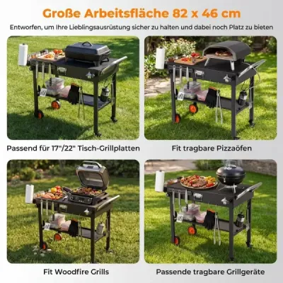 Skladací grilovací vozík 82 x 46 cm Prenosný grilovací stôl s kolieskami, pracovnou plochou a tepelnou ochrannou podložkou
