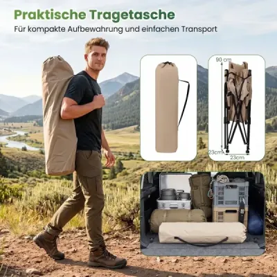 Skladacia kempingová stolička s opierkou na nohy, polohovateľné kreslo, 4-polohové nastaviteľné operadlo, nosnosť do 150 kg, kaki